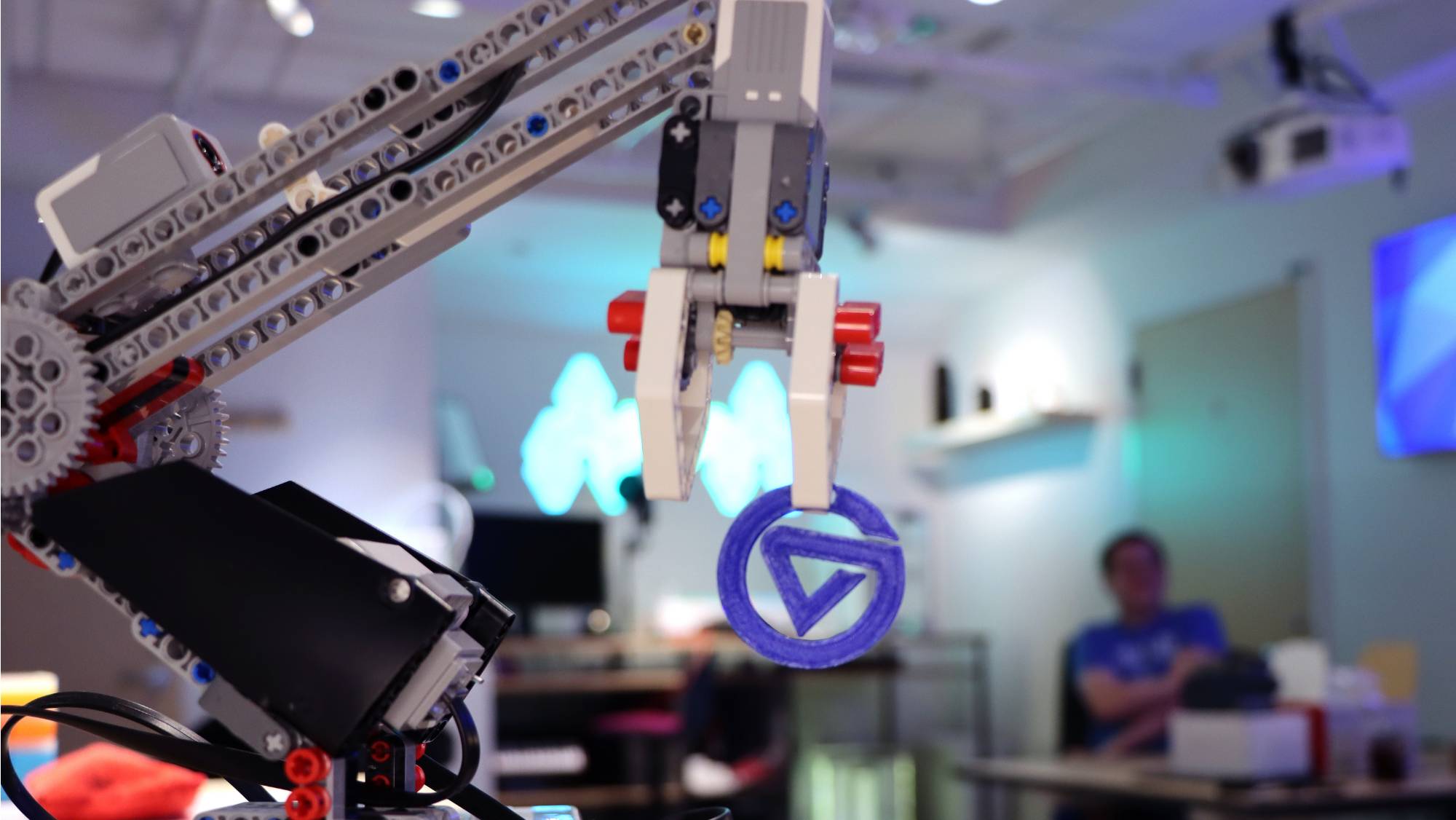 Lego Robotics Kit hold a 3d printing Grand Valley Logo